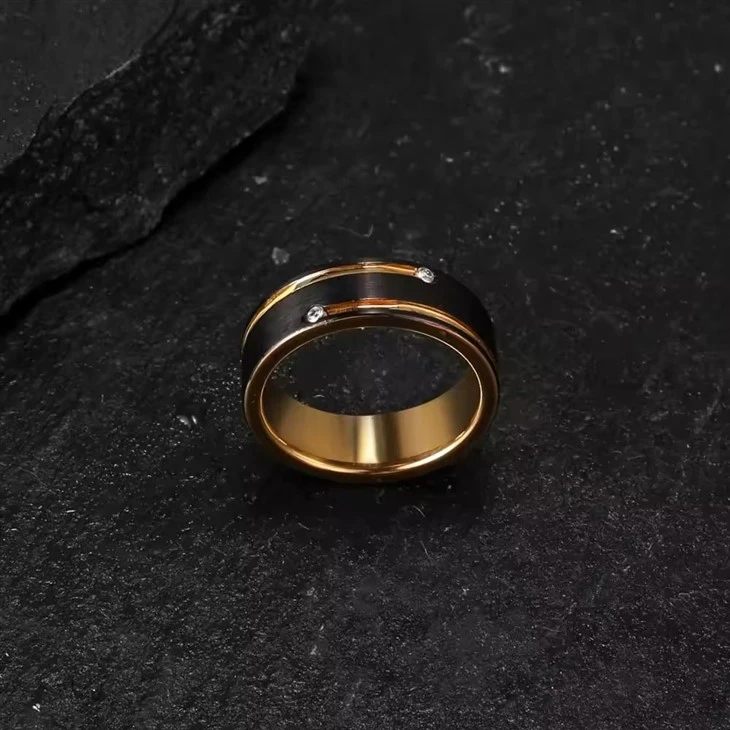 Fashion Black Gold Tungsten Titanium Steel Ring For Men